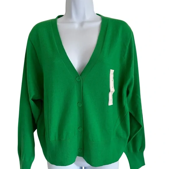 A New Day Women’s Medium Button Down Cardigan Sweater Bright Kelly Green V-Neck - Picture 8 of 13